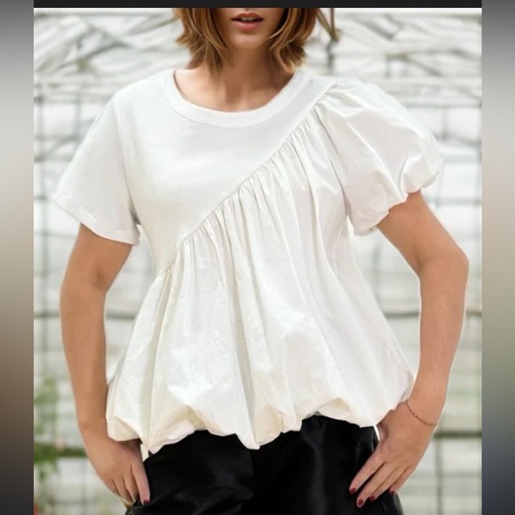 N By Nancy Tops - N ByNancy Bubble Hem puffed sleeve White Babydoll Y2K Women's Summer Top Size M